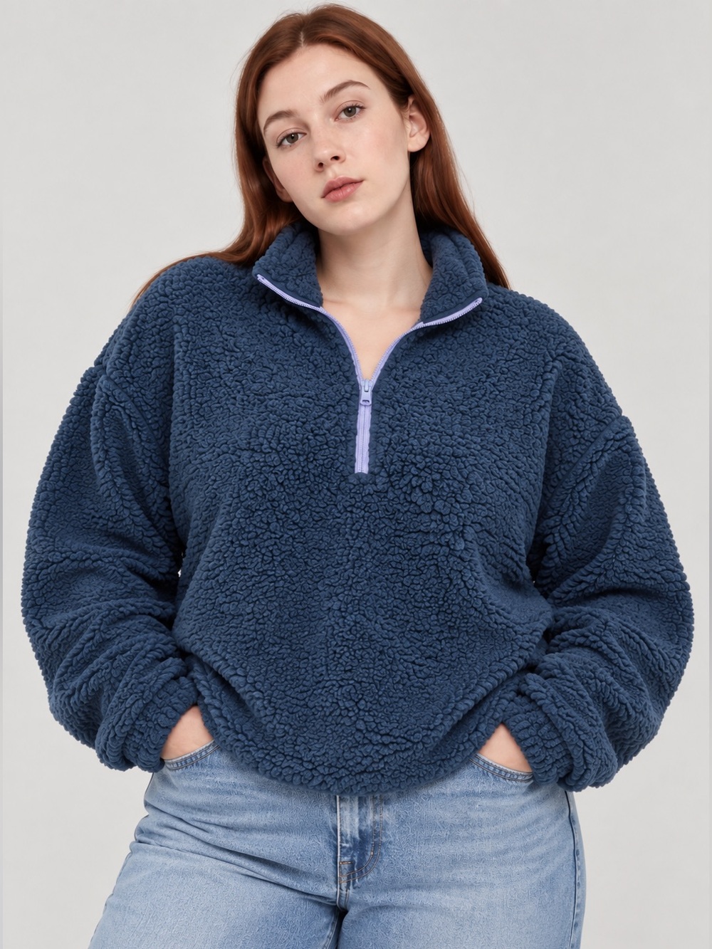 NWOT wild fable Blue Half-Zip Sherpa Teddy Pullover Jacket w/ Lavender Zipper